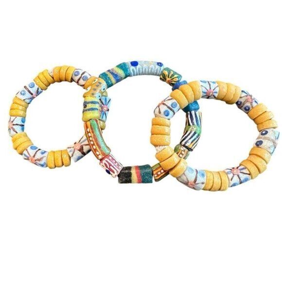 NWT Women’s Set of 3 Ceramic Beaded Stretch Bracelets Yellow Multi Color - Picture 1 of 4